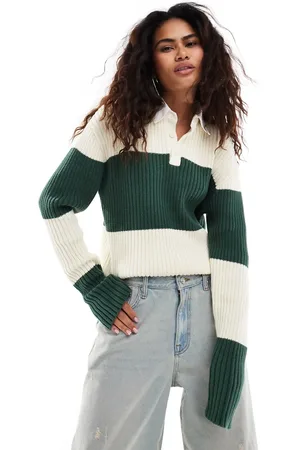 Lioness Polo collar rugby stripe knitted jumper in green and cream
