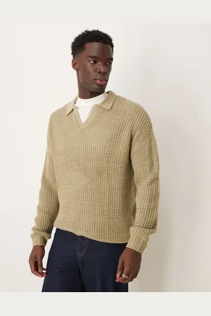 ASOS Relaxed textured notch neck polo jumper in sage