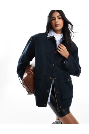 ASOS Oversized washed barn jacket with leather look collar in