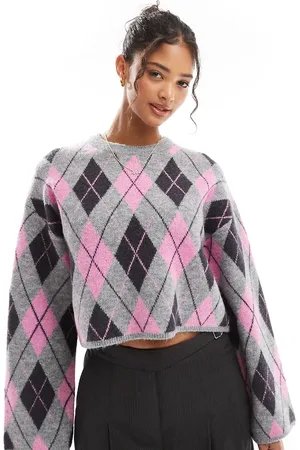 Bershka Argyle round neck jumper in & pink
