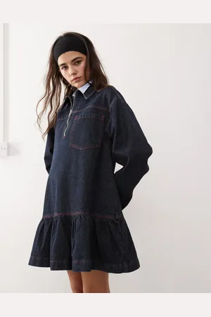 COLLUSION Long sleeve denim smock dress in rinse wash