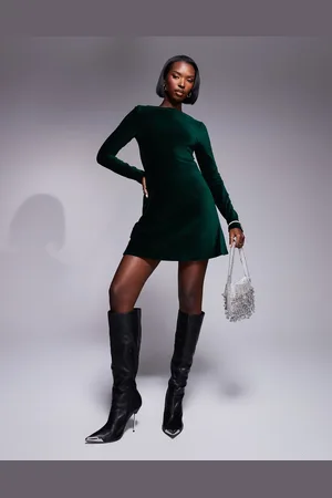 ASOS Velvet cord v back skater mini dress in forest