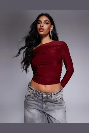 ASOS Slinky ruched bardot long sleeve top in burgundy