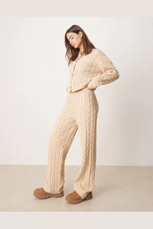 Miss Selfridge Knitted cable wide leg trousers in taupe co ord