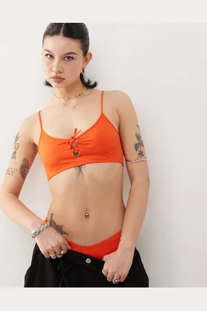 Monki Mix and match scoop neck bikini top with tie front detail in peach