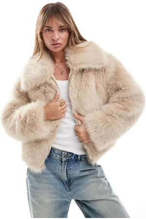 Miss Selfridge Faux fur bomber jacket with collar in stone