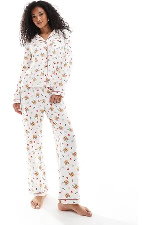 Loungeable Christmas reindeer print jersey pyjama set in cream