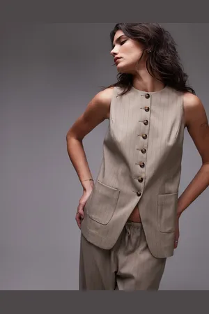 Topshop High neck waistcoat with pocket in pinstripe taupe