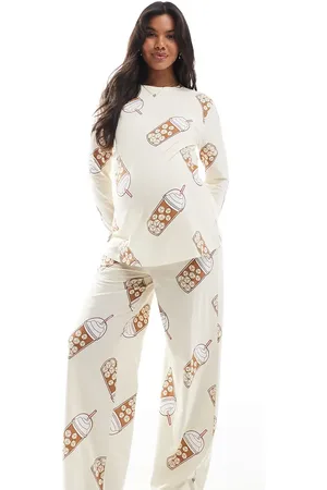 ASOS ASOS DESIGN Maternity Iced coffee long sleeve top and trouser pyjama set in beige