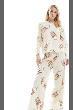 ASOS ASOS DESIGN Tall Iced coffee long sleeve top and trouser pyjama set in beige
