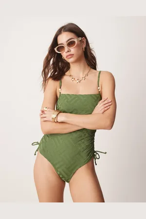 New Look Monogram square neck swimsuit in khaki