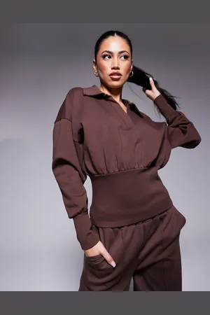 ASOS Interlock sweatshirt with cinched waist in chocolate