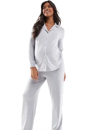 ASOS ASOS DESIGN Maternity super soft long sleeve shirt & trouser pyjama set with contrast piping in marl