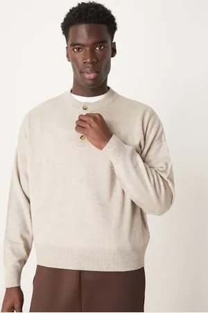 ASOS Oversized boxy fit knitted henley neck jumper in stone