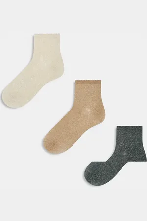 Pieces® Scallop trim sock 3-pack in grey, camel and birch