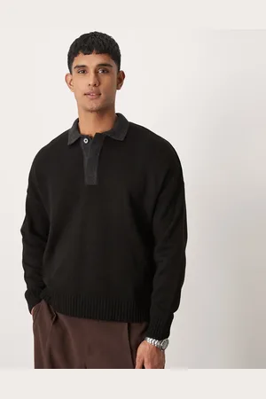 ASOS Oversized boxy fit knitted polo in black with charcoal contrast collar