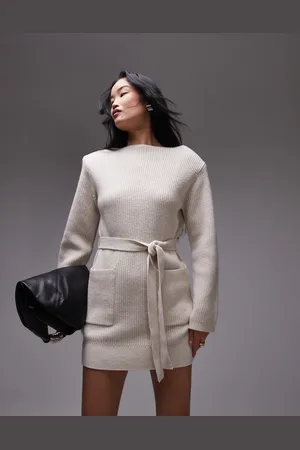 & OTHER STORIES Wool and cotton blend knitted rib mini dress with tie waist in cream