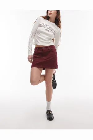 Topshop Denim mini pelmet skirt in burgundy