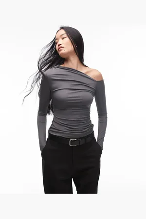Nialaya Cleo off-shoulder slinky top in charcoal
