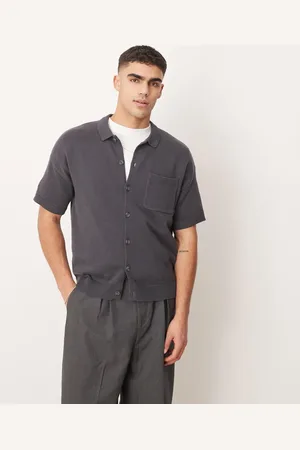 ASOS Relaxed boxy fit midweight knitted cotton button through polo in charcoal