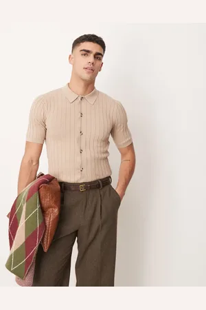 ASOS Lightweight knitted rib button through polo in stone