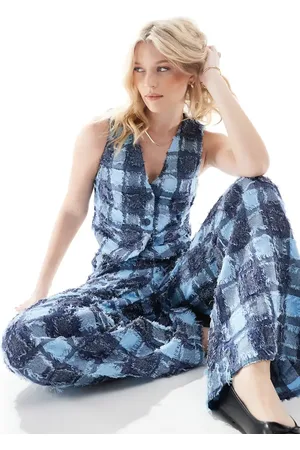 VERO MODA Textured check cropped vest co-ord in denim mix
