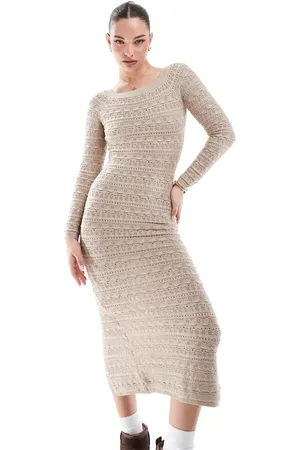 Bershka Open knit bardot maxi dress in tan