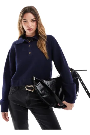 Bershka Polo knitted jumper in navy