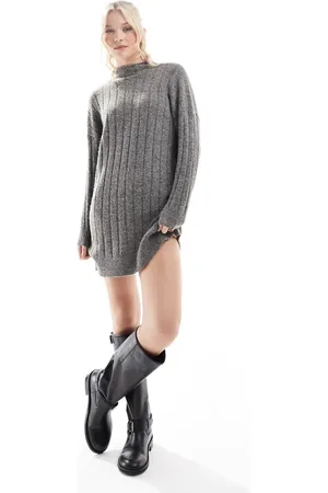 VERO MODA Oversized ribbed knitted mini dress in dark melange