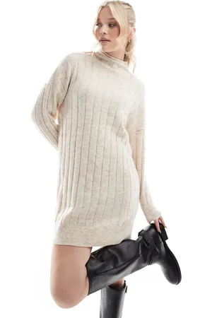 VERO MODA Oversized ribbed knitted mini dress in cream melange