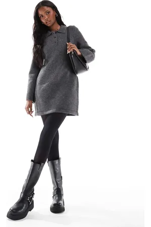 ASOS Knitted collar dress with wide sleeves in charcoal