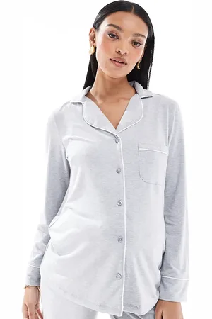 ASOS ASOS DESIGN Maternity super soft long sleeve shirt & trouser pyjama set with contrast piping in marl