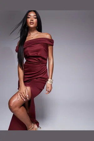 ASOS Structured twist bardot bodycon midi dress in burgundy