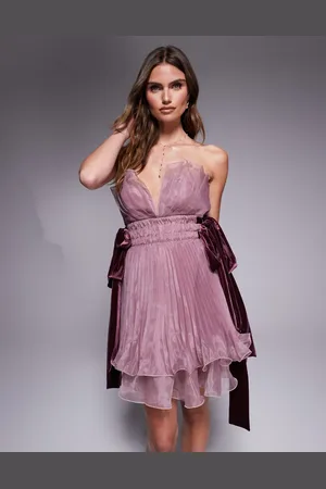 ASOS Pleated organza bandeau mini dress with bow ties in lilac
