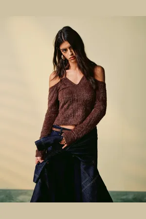 ASOS Fluffy off shoulder halterneck long sleeve top in chocolate