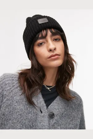 AllSaints Ribbed leather logo beanie in