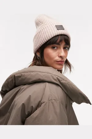 AllSaints Ribbed leather logo beanie in pale