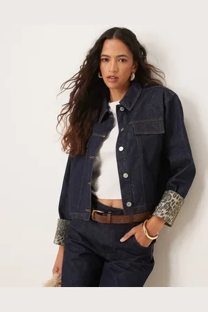 ASOS Denim jacket with leopard print turn up cuffs in indigo