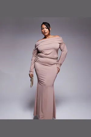 ASOS ASOS DESIGN Curve fold over waist fishtail maxi skirt with side ruching in mink