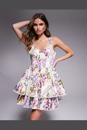 ASOS Cotton sateen skater mini dress with gold bow in floral tile print