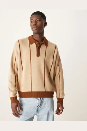 ASOS Oversized knitted polo in beige with tan stripes