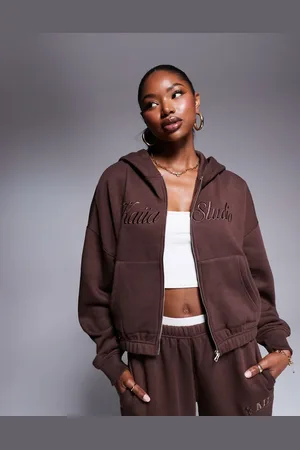 Kaiia Studio logo zip through cropped hoodie co-ord in chocolate
