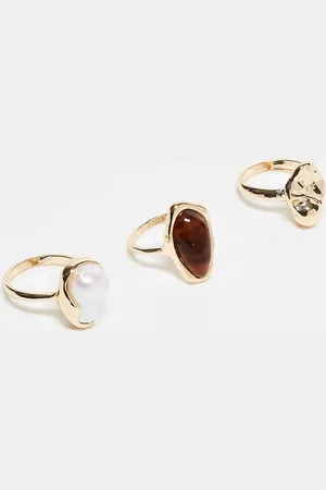 ASOS Pack of 3 rings with faux pearl and molten design in tone