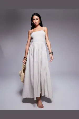 ASOS Isabel linen blend shirred bandeau beach dress in natural