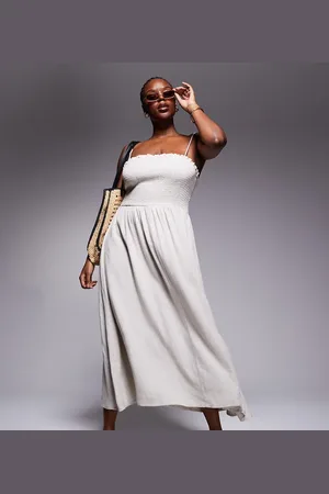 ASOS ASOS DESIGN Curve Isabel linen blend shirred bandeau beach dress in natural