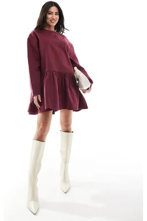 Miss Selfridge Long sleeve tie neck denim tee dress
