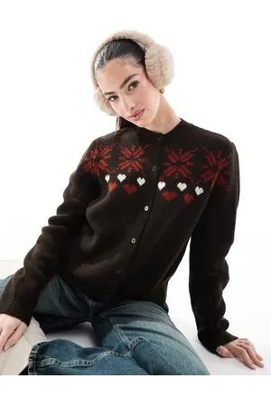 Miss Selfridge Jacquard snowflake heart knitted cardigan in chocolate