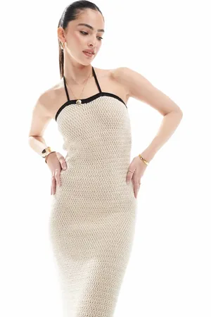 4th & Reckless Contrast edge tie front crochet beach maxi dress in ecru