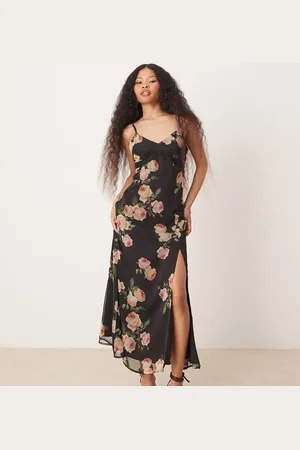 Miss Selfridge Chiffon lace trim maxi slip dress in oversized rose print