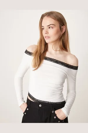 ASOS Lace trim bardot asymmetric top in